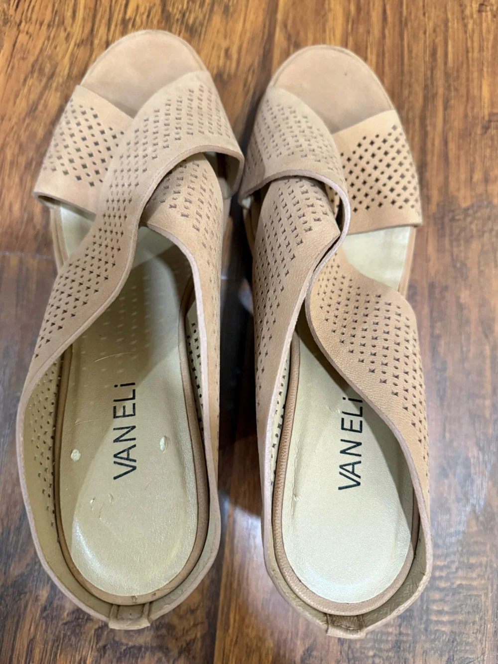 Vaneli Beige Perforated Wedge Sandals